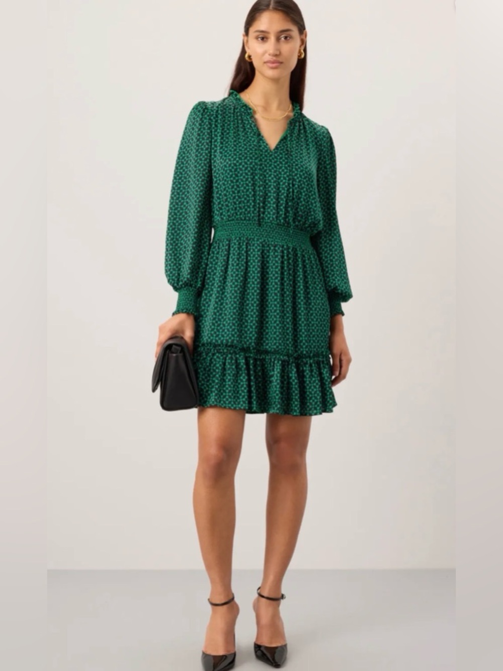 CeCe Emerald Green Printed V-Neck Mini Dress tie neck long sleeve